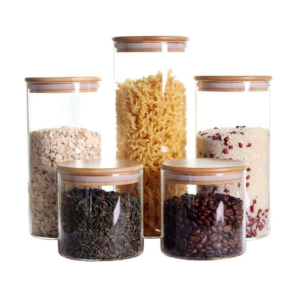 Pack of 5 Clear Glass Food Storage Jars Containers with Airtight Bamboo Lid for Candy, Cookie, Rice - Hercitys