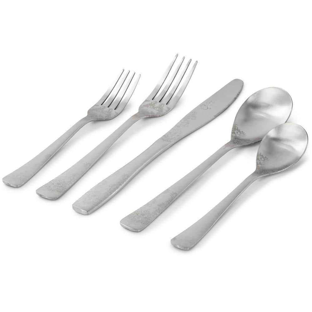Bishop Hill 20-Piece Stainless Steel Floral Flatware Set in Matte Silver - Hercitys