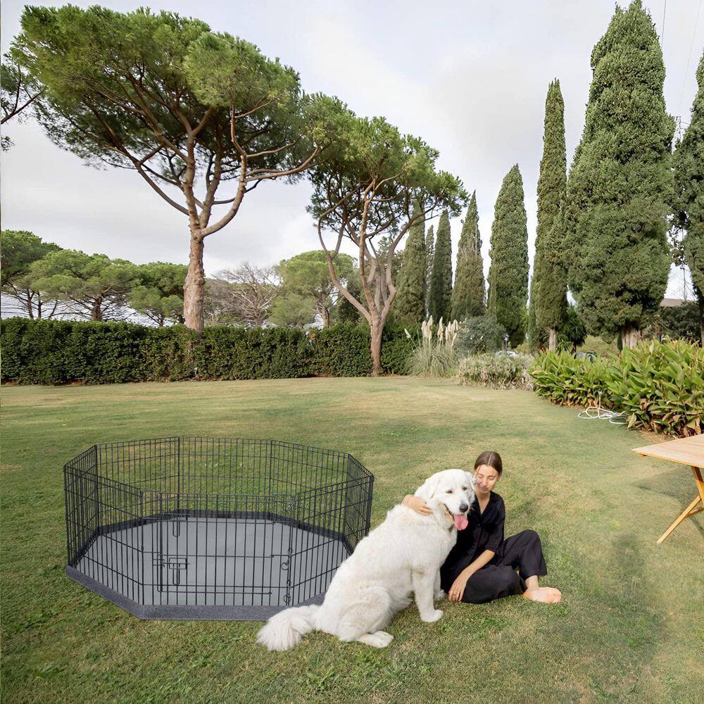 Foldable Metal Garden Fence Dog Exercise Pen Pet Playpen 8 Panels 24 x 24 with Bottom Pad for Indoor Outdoor Use - Hercitys