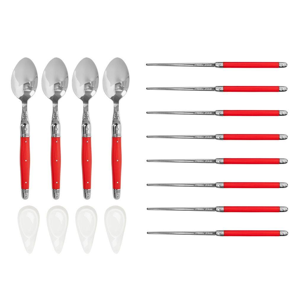 French Home Red Chopsticks, Laguiole Spoons and Ceramic Rests, Set of 4 Pairs - Hercitys