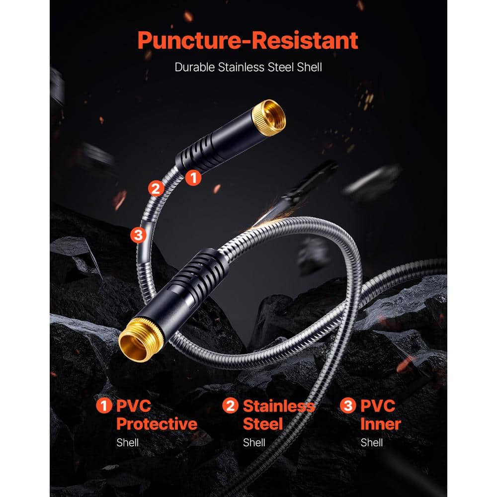 Metal Garden Hose 0.38 in. Dia. x 25 ft. Rust Proof Stainless Steel Water Hose, Heavy Duty Hose with 10 Function Nozzle - Hercitys