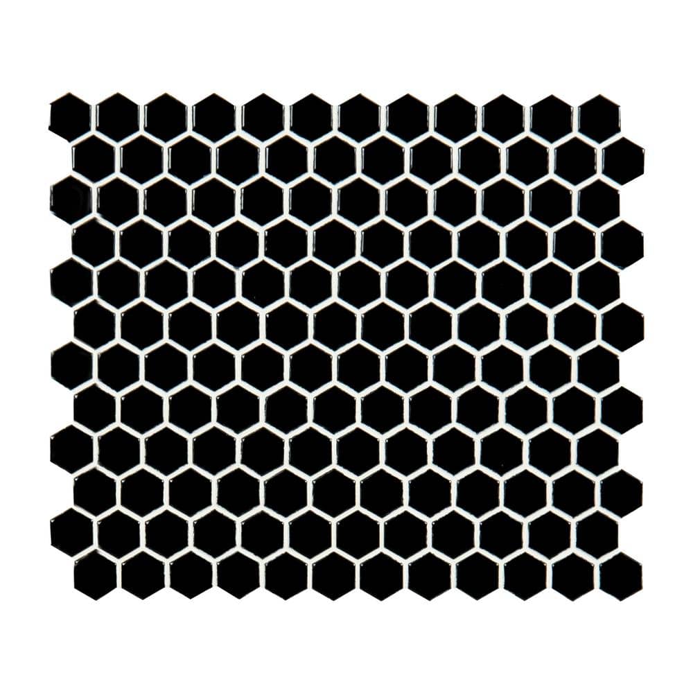 Retro Nero 1 in. Hexagon 10 in. x 12 in. x 0.24 in. Glossy Porcelain Mesh-Mounted Mosaic Tile (12.9 sq. ft./Case) - Hercitys