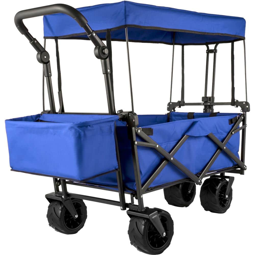 Extra Large Collapsible Garden Cart with Removable Canopy Folding Utility Wagon with Wheels, Blue, 3cu. ft., Steel Bin - Hercitys