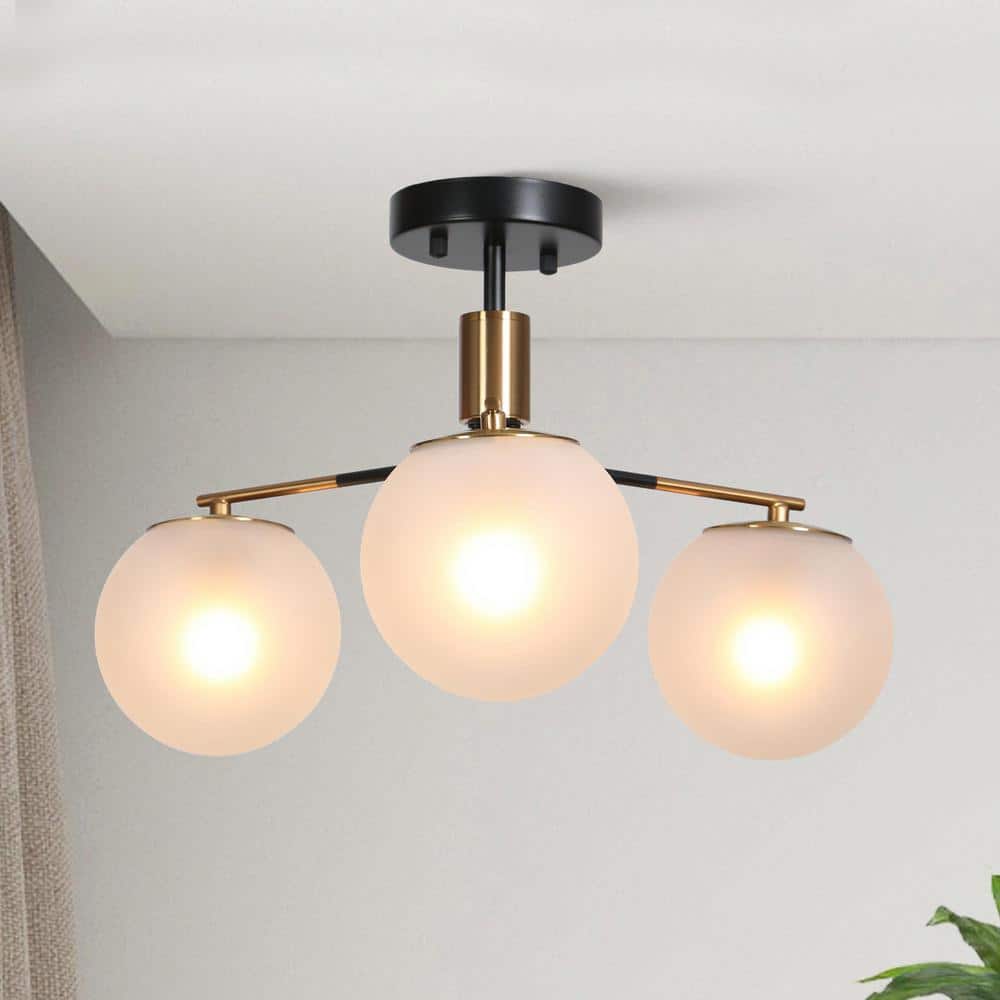 Modern 19 in. 3-Light Golbe Black and Brass Semi-Flush Mount Ceiling Light with Frosted Glass Shade for Dining Room - Hercitys