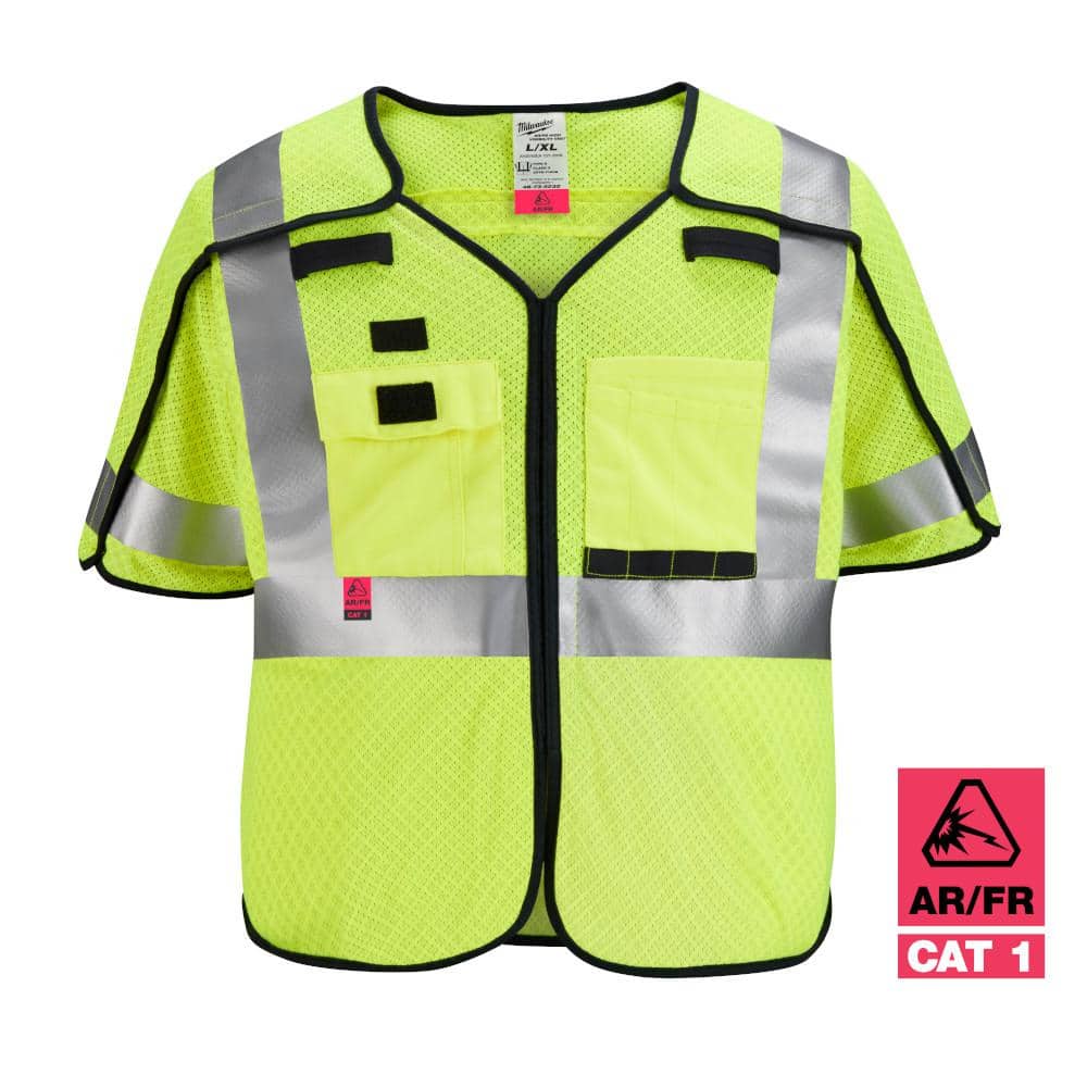 Arc-Rated/Flame-Resistant Large/X-Large Yellow Mesh Class 3 Breakaway High Vis Safety Vest with 10-Pockets and Sleeves - Hercitys