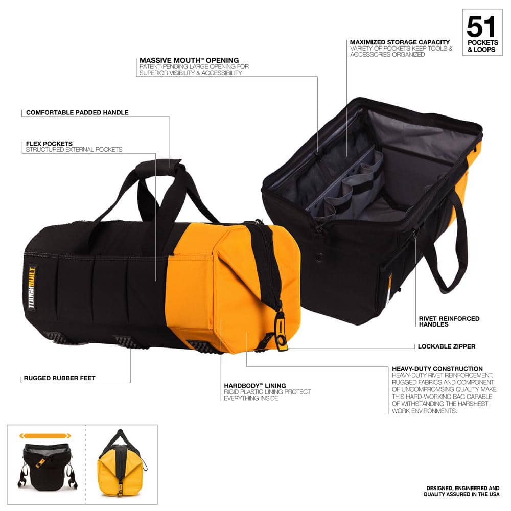 Massive Mouth 20″ Black and Gold Contractor Tool Bag with 51 pockets and Heavy-duty reinforced rivet construction - Hercitys