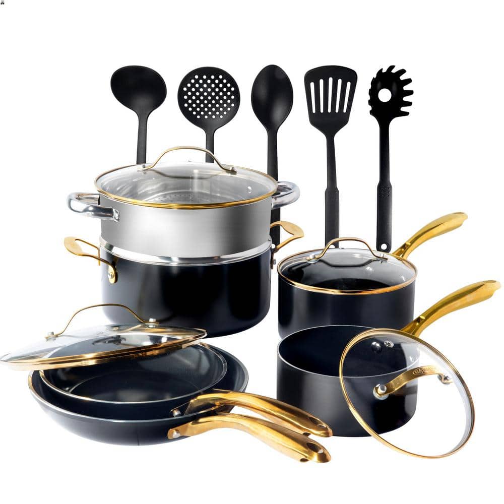 Natural Collection 15-Piece Aluminum Ultra Performance Ceramic Nonstick Cookware Set in Black with Gold Handles - Hercitys
