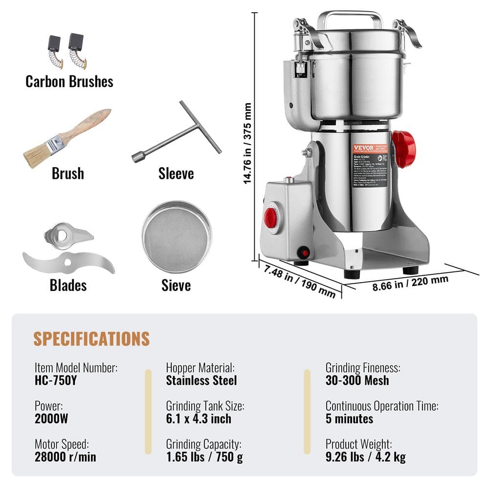 750g Electric Grain Mill Grinder, High Speed 2000-Watt Commercial Spice Grinders, Steel Pulverize Powder Machine - Hercitys
