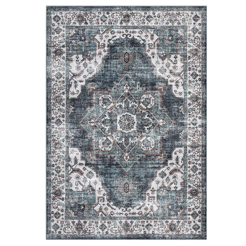 Ultra-Thin Washable Vintage Floral Rug Soft Non-Slip for Bedroom Living Room Office Blue 5 ft. x 7 ft. Area Rug - Hercitys