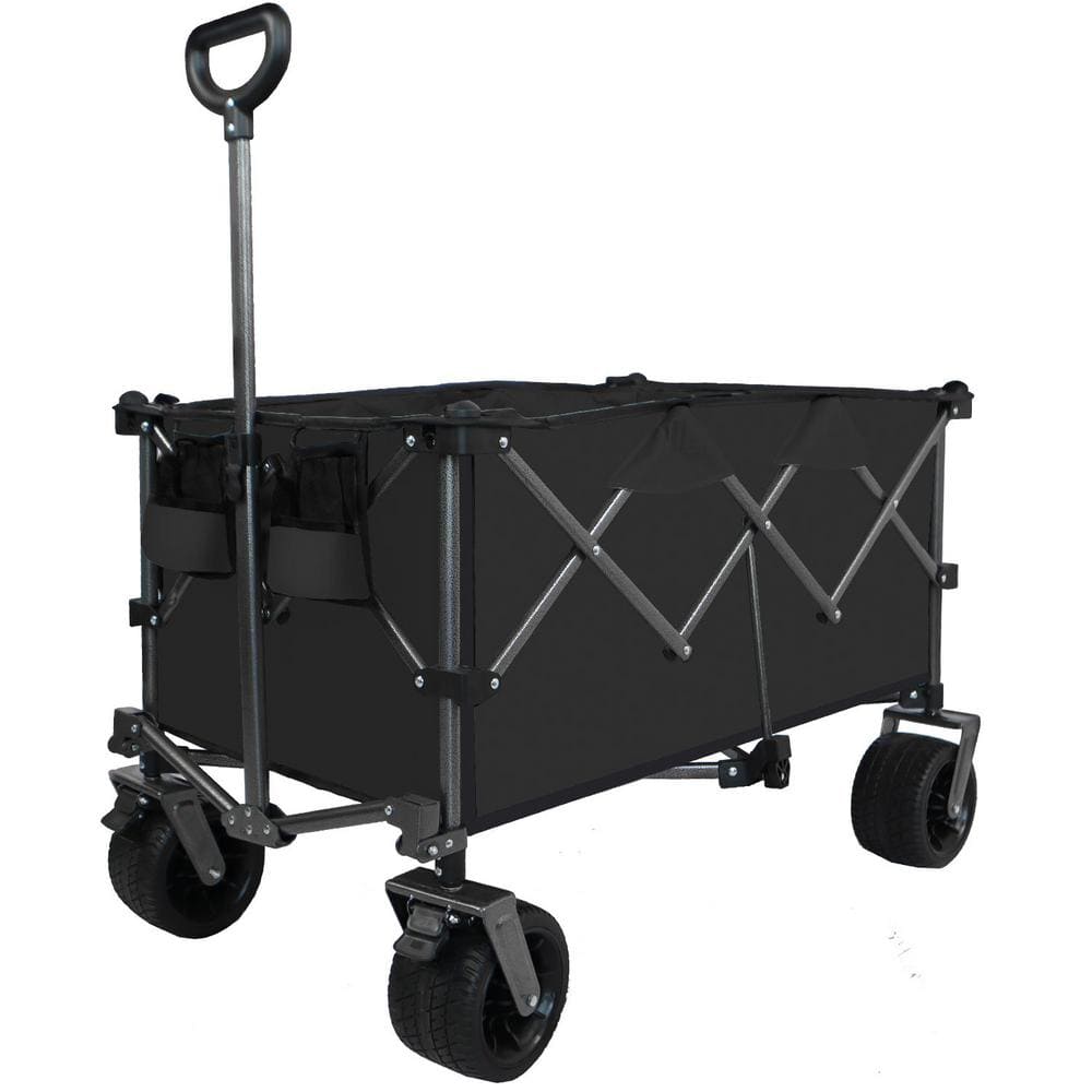 8 cu. ft. Steel Collapsible Folding Wagon Garden Cart, Push Pull Foldable Beach Wagon Cart, Black - Hercitys