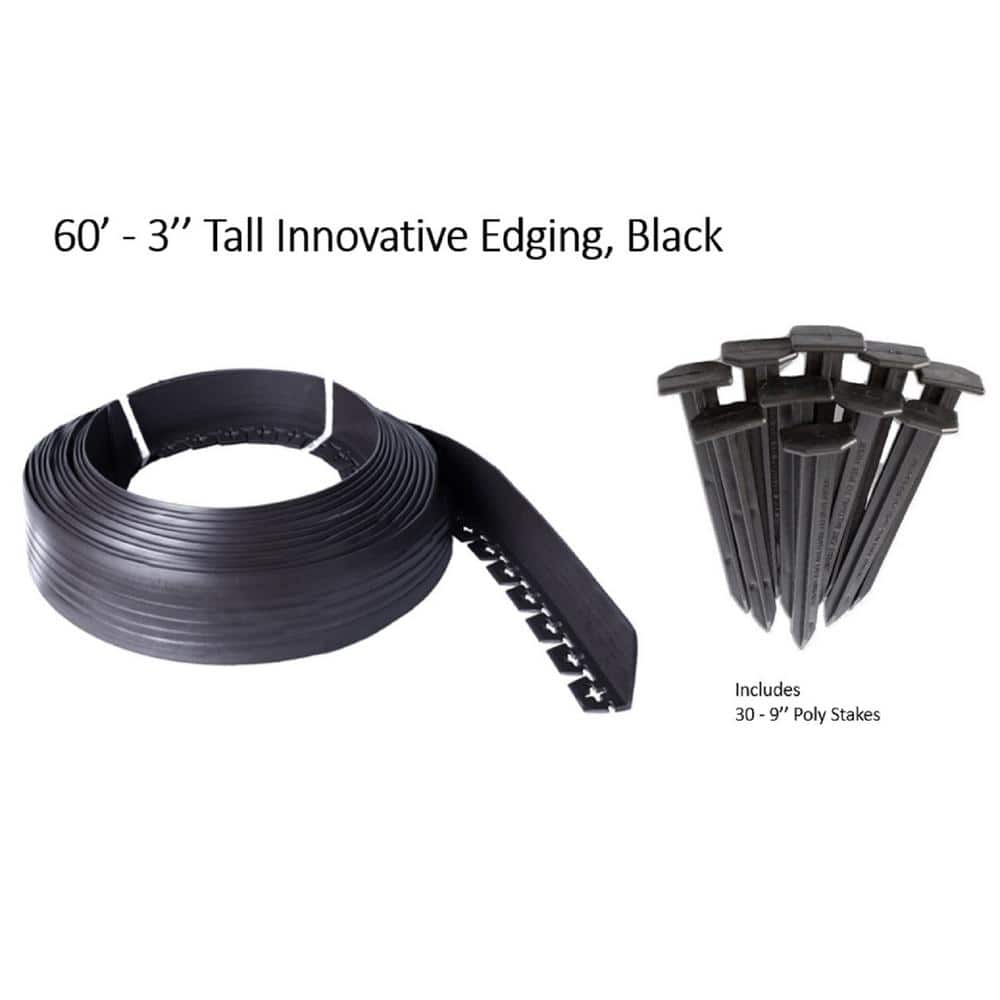 60 ft. L x 2 in. W x 3 in. H Black Tall Resin Innovative Edge No Dig Edging with 9 in. Poly Stakes (30-Quantity) - Hercitys