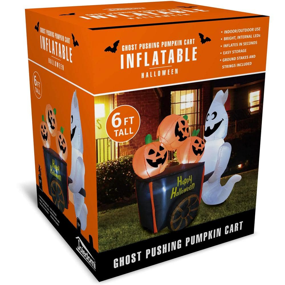Syncfun 6 FT Inflatable Ghost Pushing Pumpkin Cart with Built-in LEDs for Halloween Decor - Hercitys