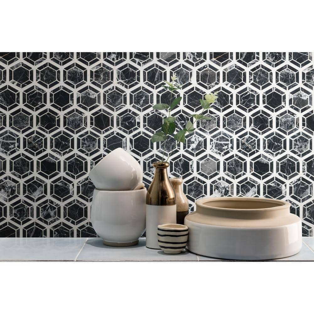 Hexagono Nero 11 in. x 13 in. x 0.38 in. Polished Marble Mesh-Mounted Mosaic Floor and Wall Tile (10.6 sq. ft./Case) - Hercitys