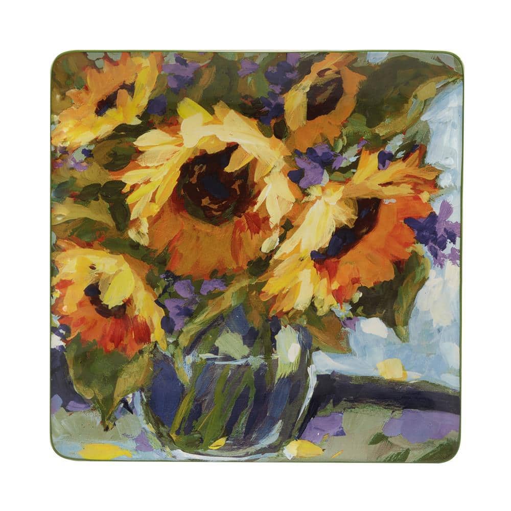 Sunflower Bouquet 12.5 in. Assorted Colors Earthenware Square Platter - Hercitys