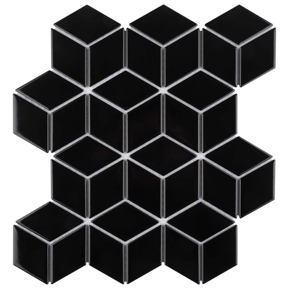 Metro Rhombus Glossy Black 10-1/2 in. x 12-1/8 in. Porcelain Mosaic Tile (9.0 sq. ft./Case) - Hercitys