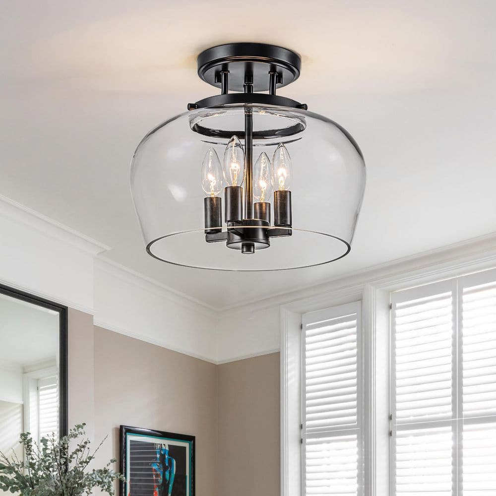Kost 13.2 in. 4-Light Black Semi-Flush Mount with Clear Glass Shade - Hercitys