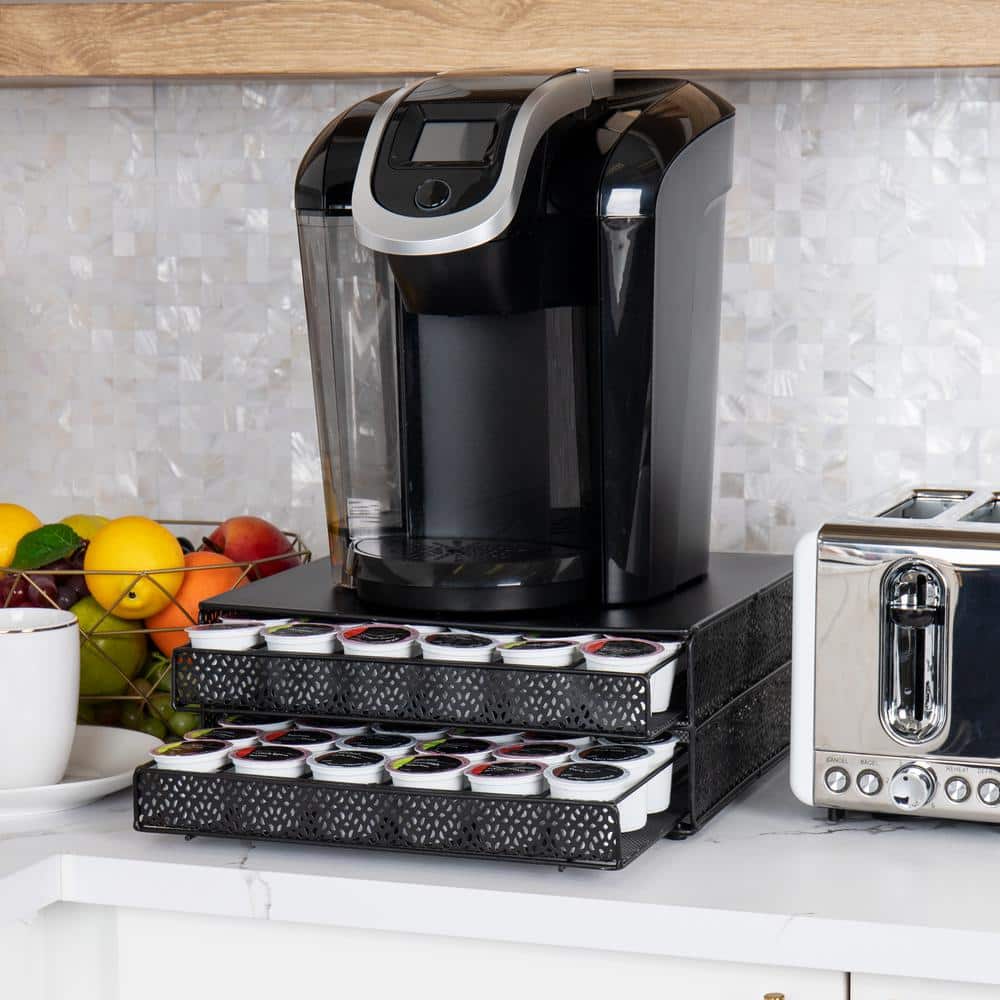 Single Serve Coffee Pod Organizer with 2 Drawers, 72 Pod Capacity, Metal Mesh, 13 in. L x 12.75 in. W x 5 in. H, Black - Hercitys