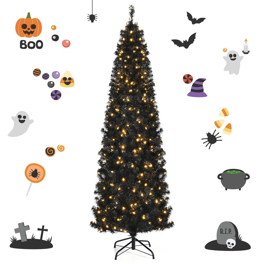 7 ft. Pre-Lit Black Halloween Artificial Christmas Tree Artificial PVC Slim Pencil Christmas Tree - Hercitys
