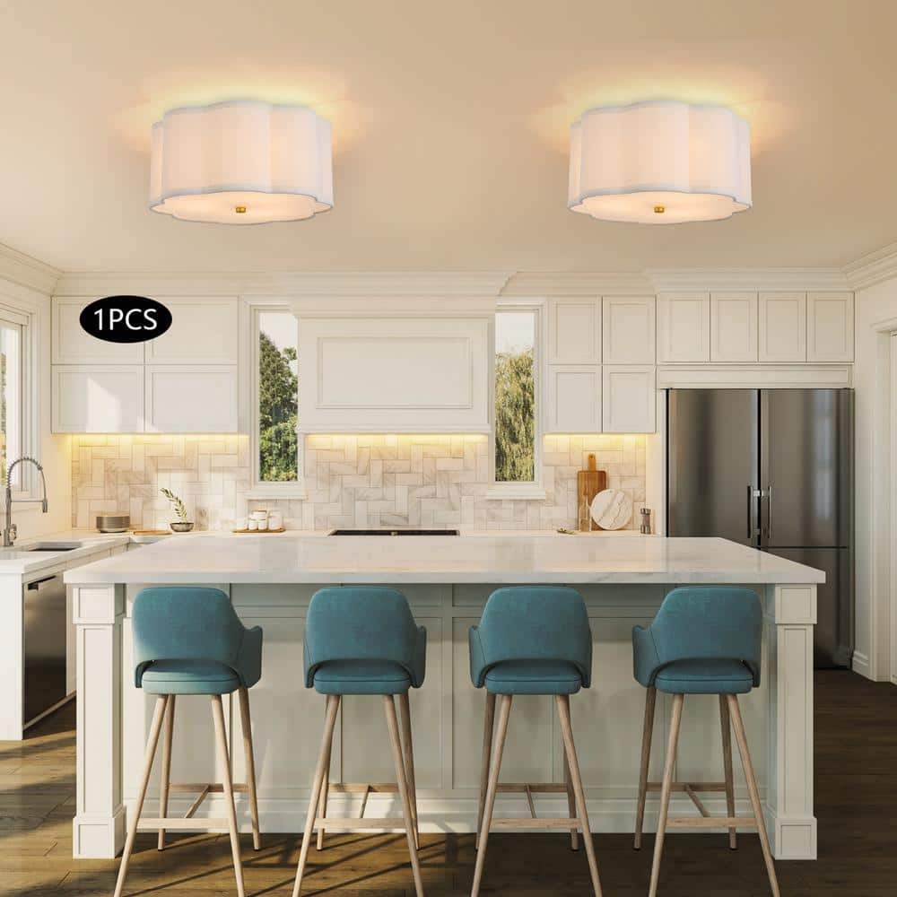 White Modern Flower-Shaped Flush Mount 12.99 in. 3-Light Ceiling Light with PC and Fabric Shade, No Bulbs Included - Hercitys