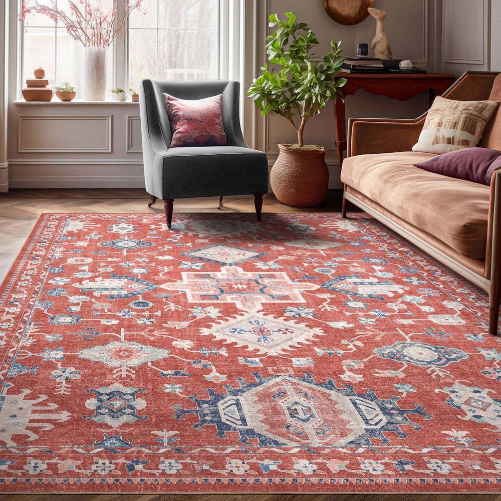 Apollo Serapi Delhi Traditional Floral Medallion, Red 5 ft. 3 in. x 7 ft. 3 in. Area Rug - Hercitys