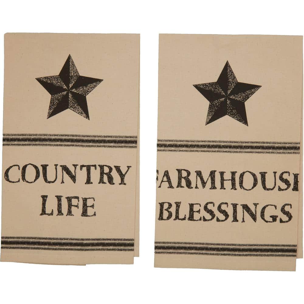Farmhouse Star Antique Creme Black Print Country Life Cotton Muslin Unbleached Kitchen Tea Towel Set (Set of 2) - Hercitys