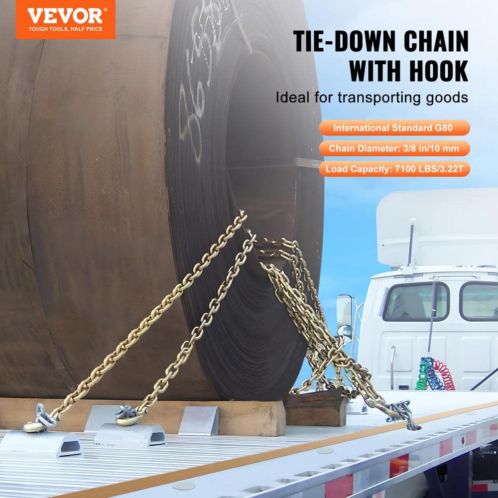 G80 Transport Binder Chain, 3/8 in. Tow Chain with Clevis Grab Hooks, 7,100 lbs. Safe Working Load - Hercitys