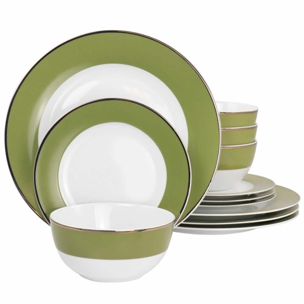 Martha Stewart Gold Rimmed 12 Piece Fine Ceramic Dinnerware Set in Green Service for 4 - Hercitys