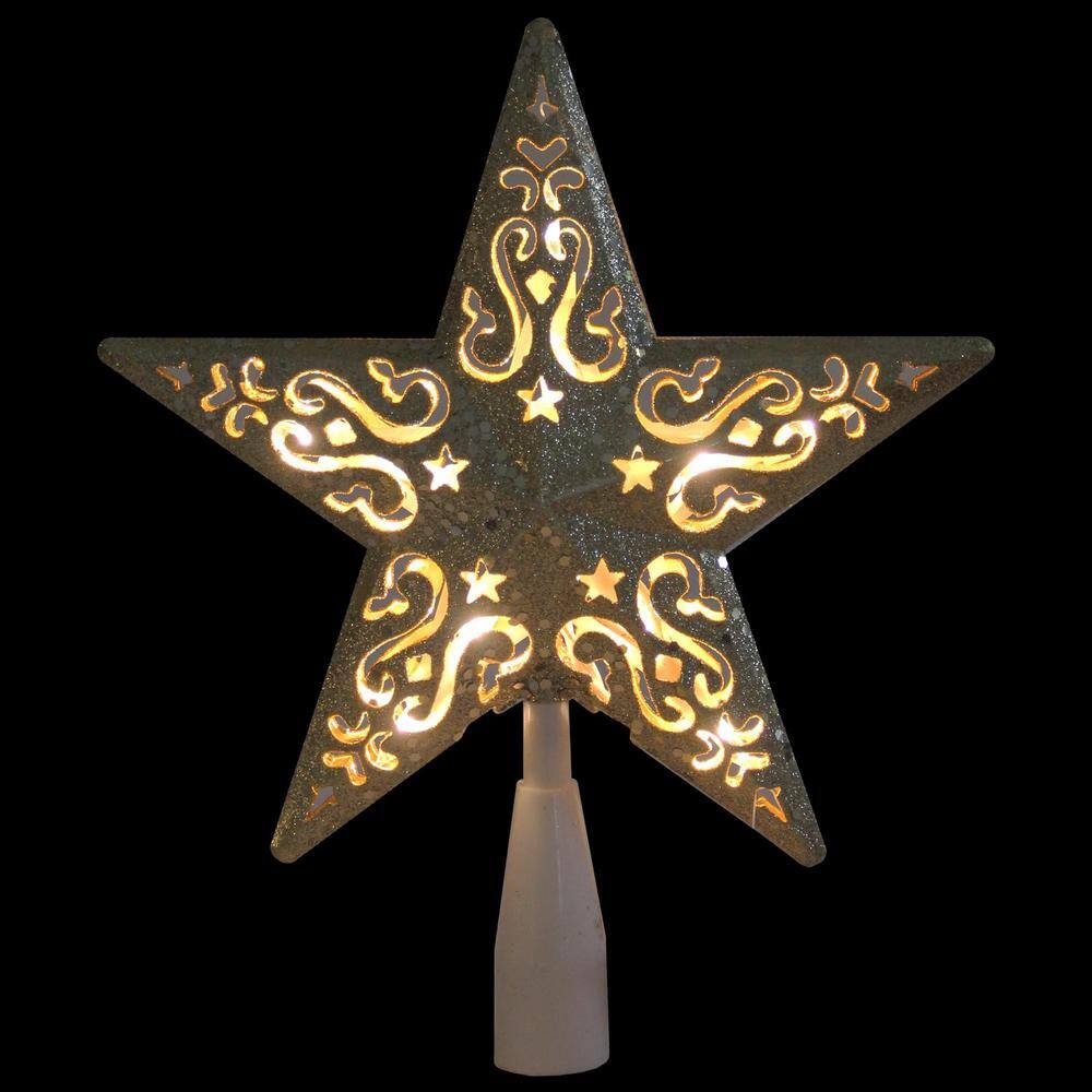 8.5 in. Gold Glitter Star Cut-Out Design Christmas Tree Topper – Clear Lights - Hercitys