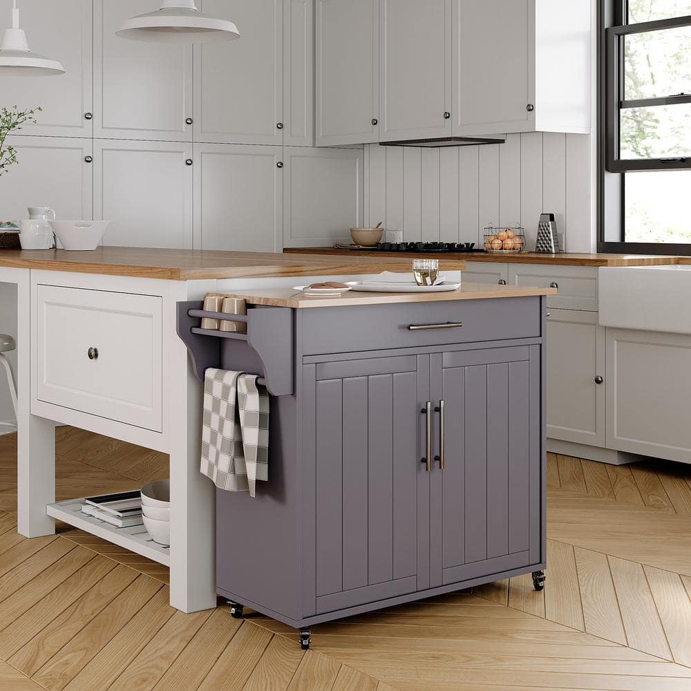 STICKON Grey Wood Rolling 35.1 in. Kitchen Island with Storage Cabinet - Hercitys