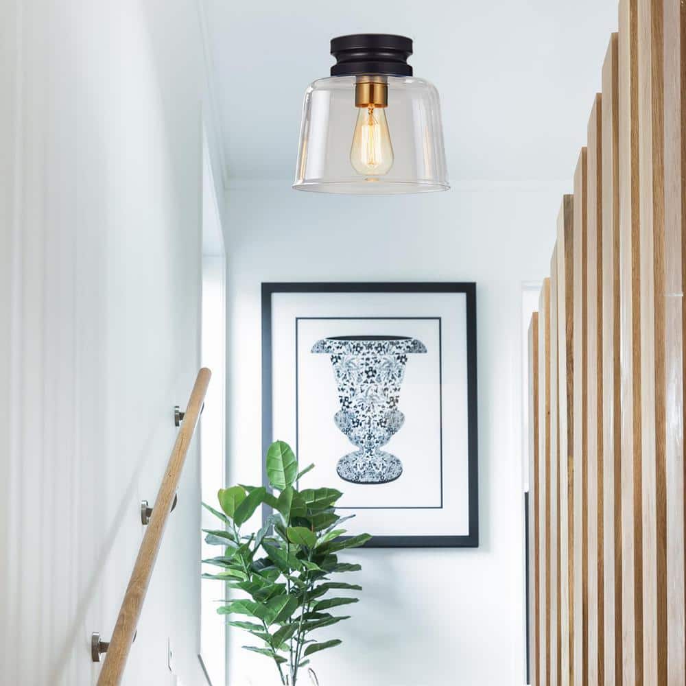 9 in. 1-Light Bronze Drum Flush Mount with Glass Shade - Hercitys