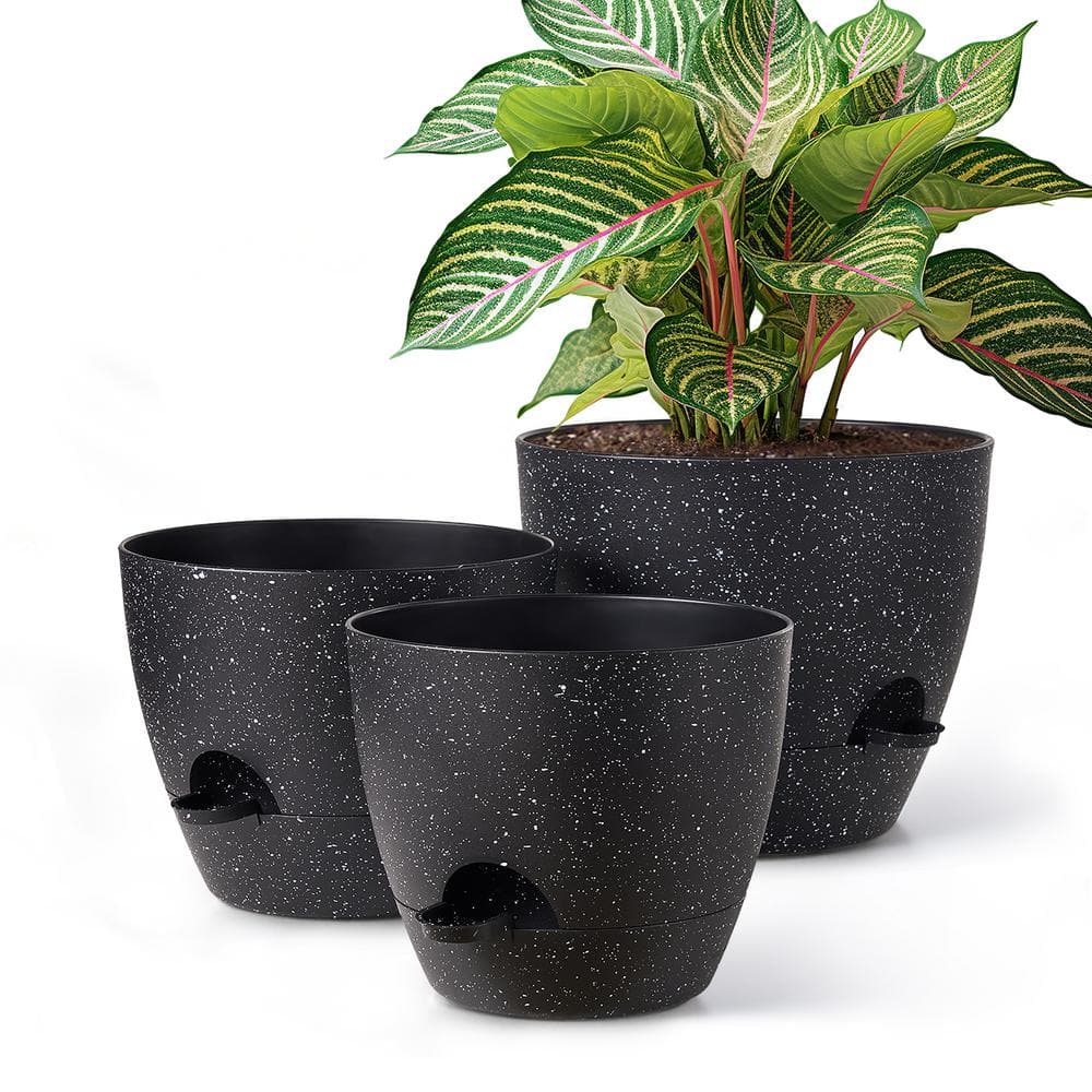 Plant Pot 12/10/9 in., Speckled Black Plastic Self Watering for Indoor/Outdoor Plants with Drainage Hole, (3-Pack) - Hercitys