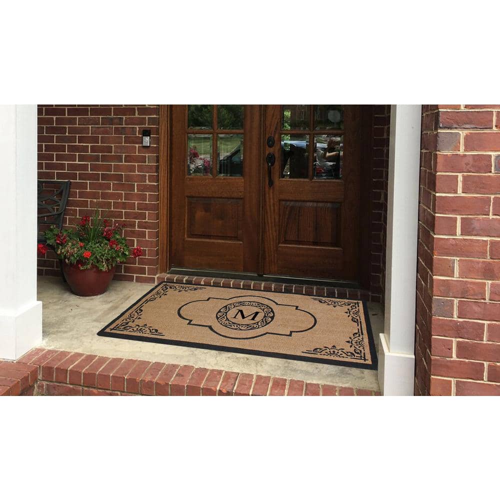 A1HC Abrilina Hand Crafted Black/Beige 36 in. x 72 in. Coir & PVC Heavy Weight Outdoor Entryway Monogrammed M Door Mat - Hercitys
