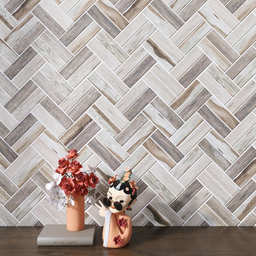 Ecoglassify wooden Beige 11.11 in. x 12.52 in. Herringbone Matte Glass Mosaic Tile (9.7 sq. ft./Case) - Hercitys