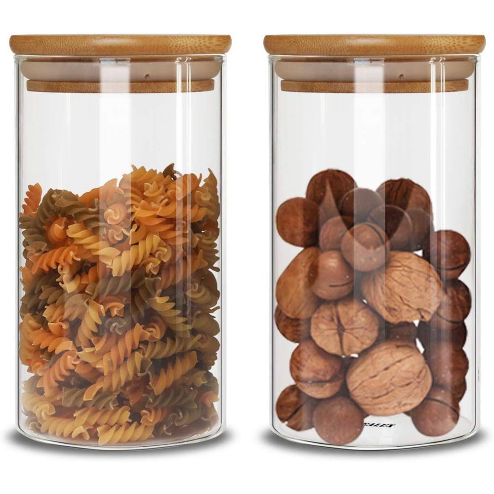 Glass Storage Jars with Airtight Seal Wooden Lid Stackable Kitchen Canisters for Candy, Coffee, Bean Set of 2 - Hercitys