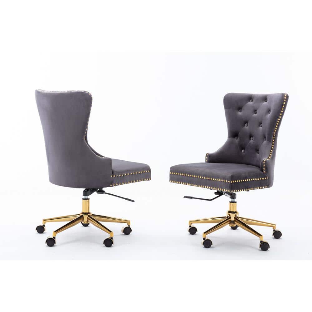 James Dark Gray Velvet Fabric Gold Adjustable Office Chairs - Hercitys