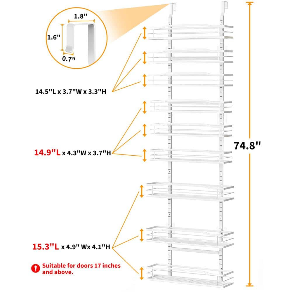 9-Tier White Over The Door Pantry Organizer, Metal Hanging Spice Rack, Pantry Organization and Storage - Hercitys