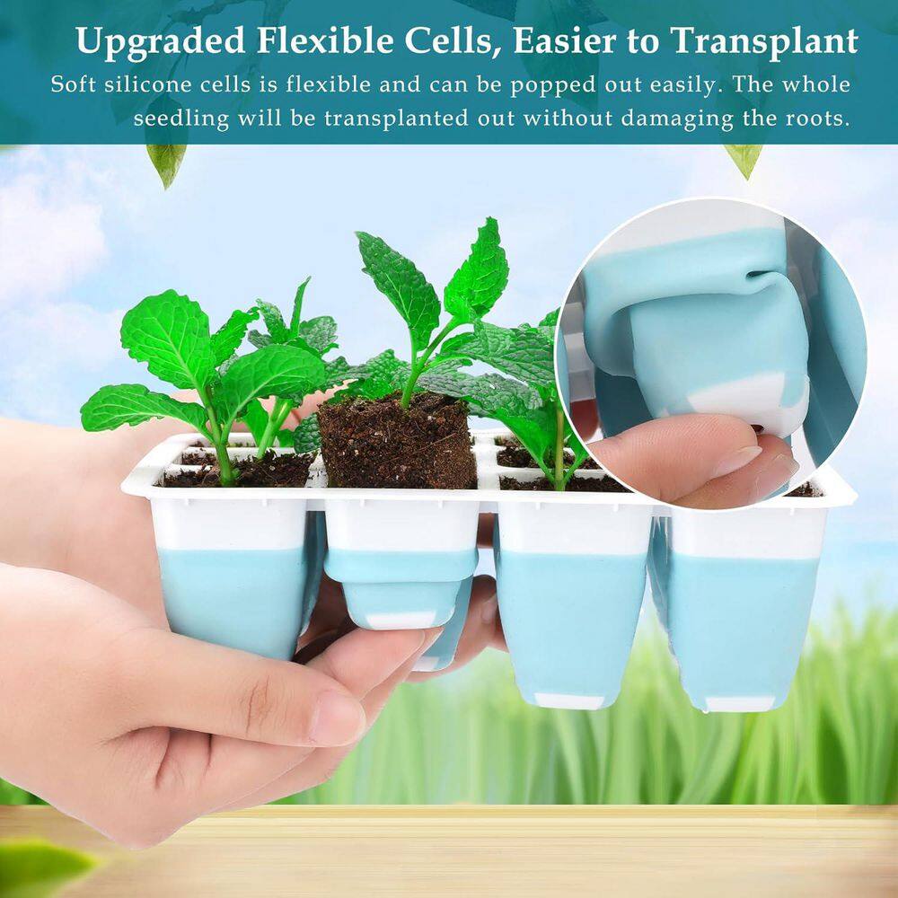 Seed Starter Tray Kit with Grow Light 60 Cells 5-Piece Reusable Seedling Trays with Humidity Dome and High Lid - Hercitys