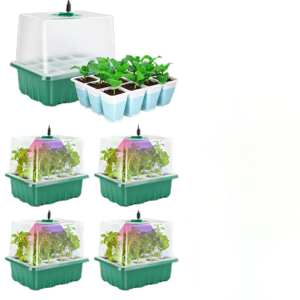 60 Flexible Cells Seedling Starter Trays with Humidity Dome and High Lid, Seed Starter Tray with Grow Light (5-Pack) - Hercitys