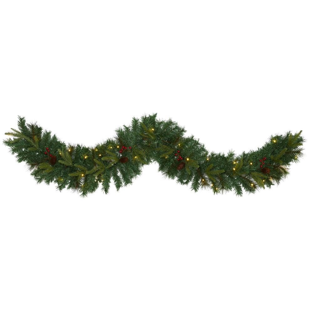 6 ft. Battery Operated Pre-lit Mixed Pine Artificial Christmas Garland with 35 Clear LED Lights, Berries and Pinecones - Hercitys