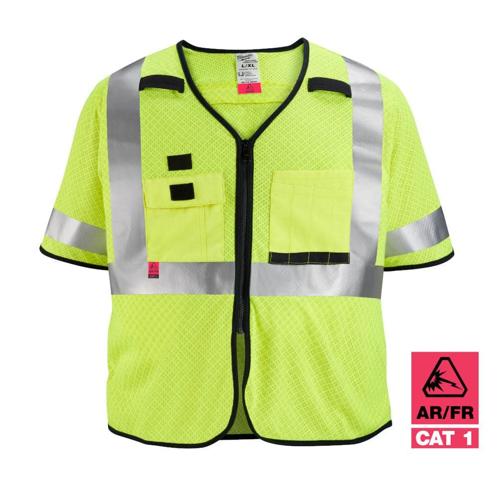 Arc-Rated/Flame-Resistant 2X-Large/3X-Large Yellow Mesh Class 3 High Visibility Safety Vest with 10-Pockets and Sleeves - Hercitys