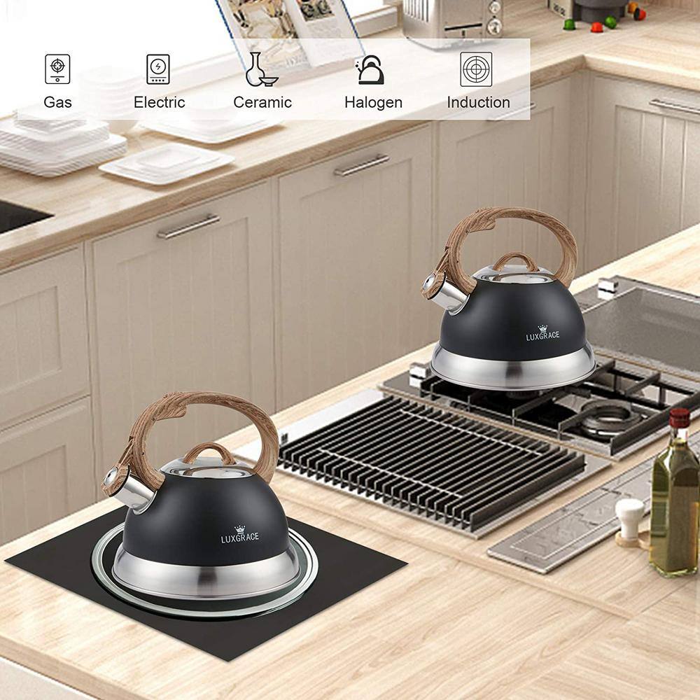 9 Cups Opaque Black with Speckle Stainless Steel Whistling Tea Kettle Teapot with Ergonomic Wood Rubber Touching Handle - Hercitys