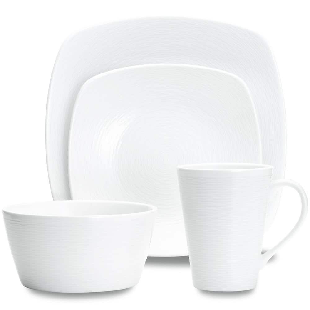 Colorscapes White-on-White Swirl 4-Piece (White) Porcelain Square Place Setting, Service for 1 - Hercitys