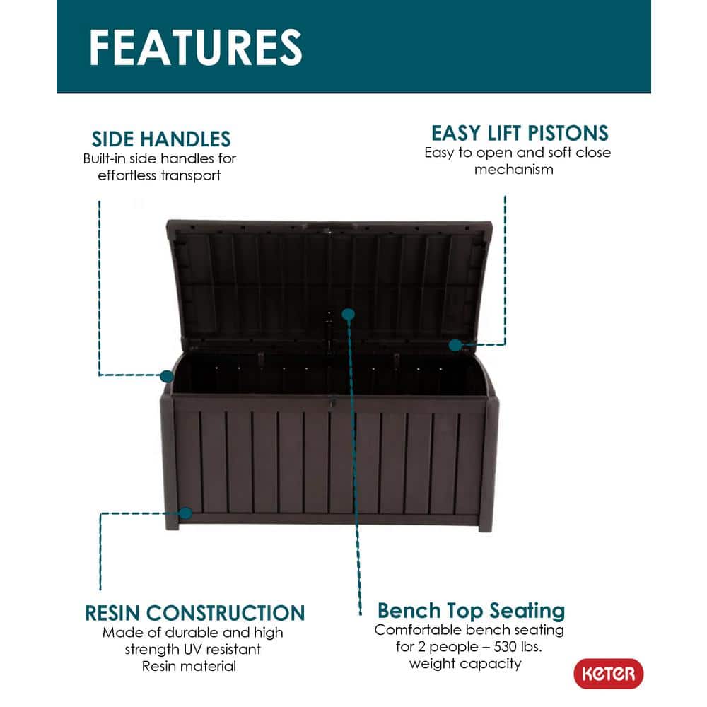 Glenwood 101 Gal. Durable Resin Plastic Deck Box Outdoor Storage For Patio Lawn and Garden, Brown - Hercitys