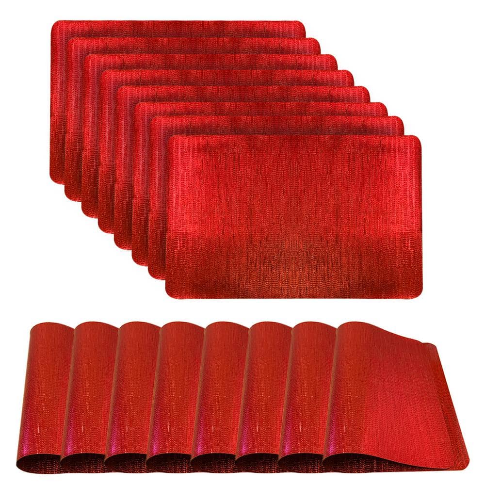 Galaxy Metallic 18 in. x 12 in Red Vinyl Smooth Linear Striped Textured Reversible Rectangular Placemat Set of 8 - Hercitys