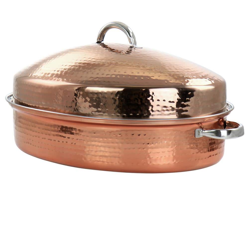 Radiance 17.5 in. 12 qt. Stainless Steel Copper Plated Oval Roasting Pan with Lid and Roasting Rack - Hercitys