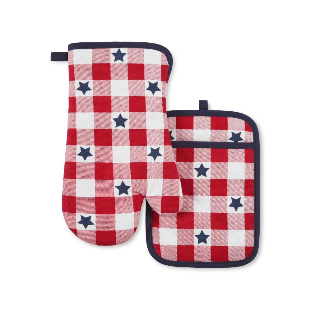Red and White American Stars Gingham Cotton Oven Mitt Potholder Set (Set of 2) - Hercitys
