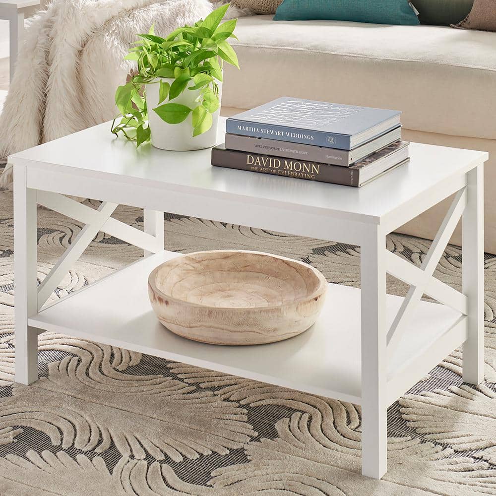 X-Frame 2-Tier 19.6 in. H x 35.4 in. W x 21.7 in. D Laminated Wood Coffee Table Shelving Unit in White - Hercitys