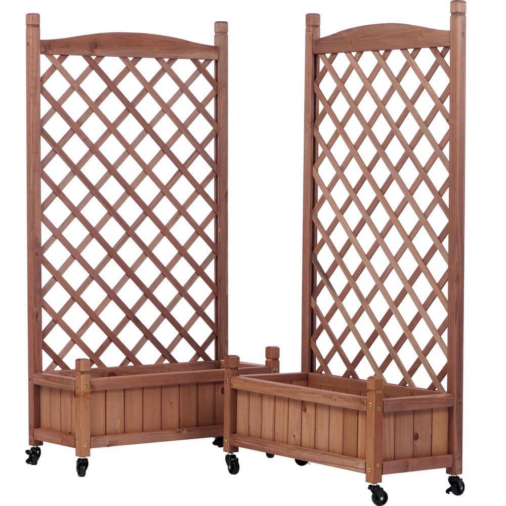 Wendy Outdoor Patio Wood Raised Garden Bed Planter Box with Trellis, Wheels, Brown, Set of 2 - Hercitys