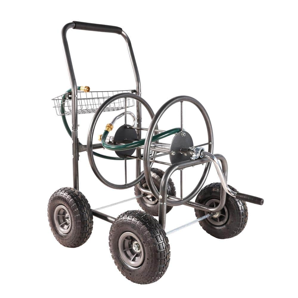 Portable Garden Hose Reel Cart Rust Resistant Heavy-Duty Water Hose Holder with 4 Wheels and Storage Basket - Hercitys