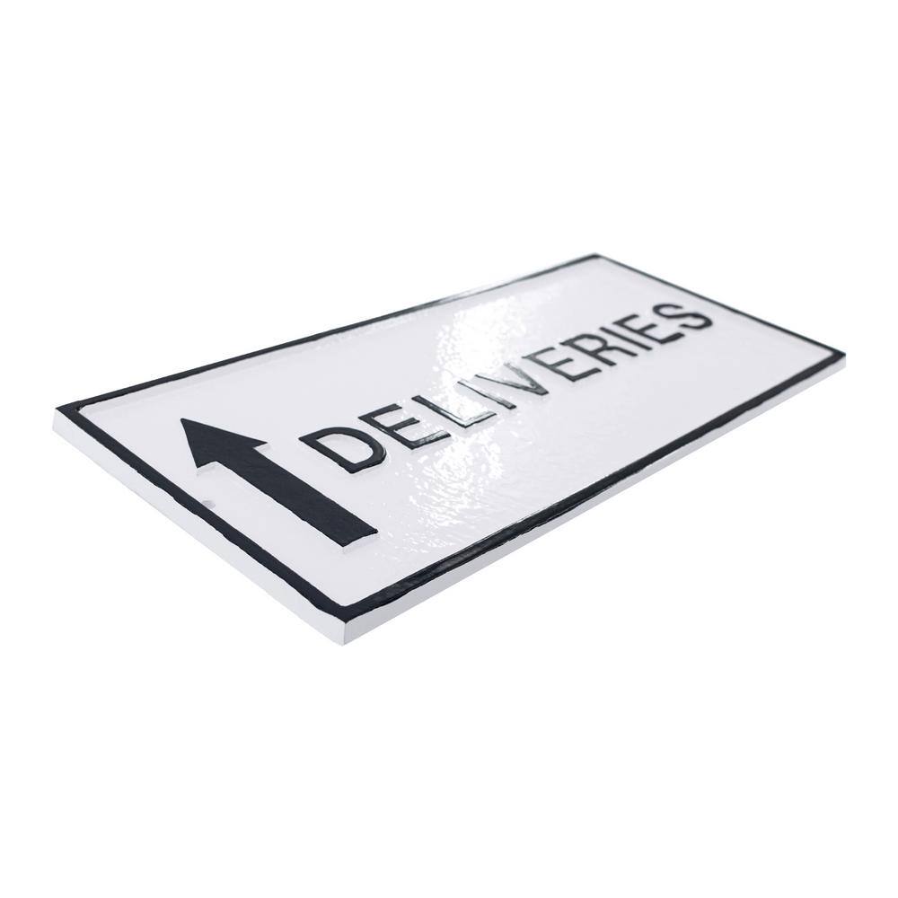 7.25 in. x 15.25 in. Deliveries with Up Arrow Standard Rectangle Statement Plaque with Lawn Stakes – White/Black - Hercitys